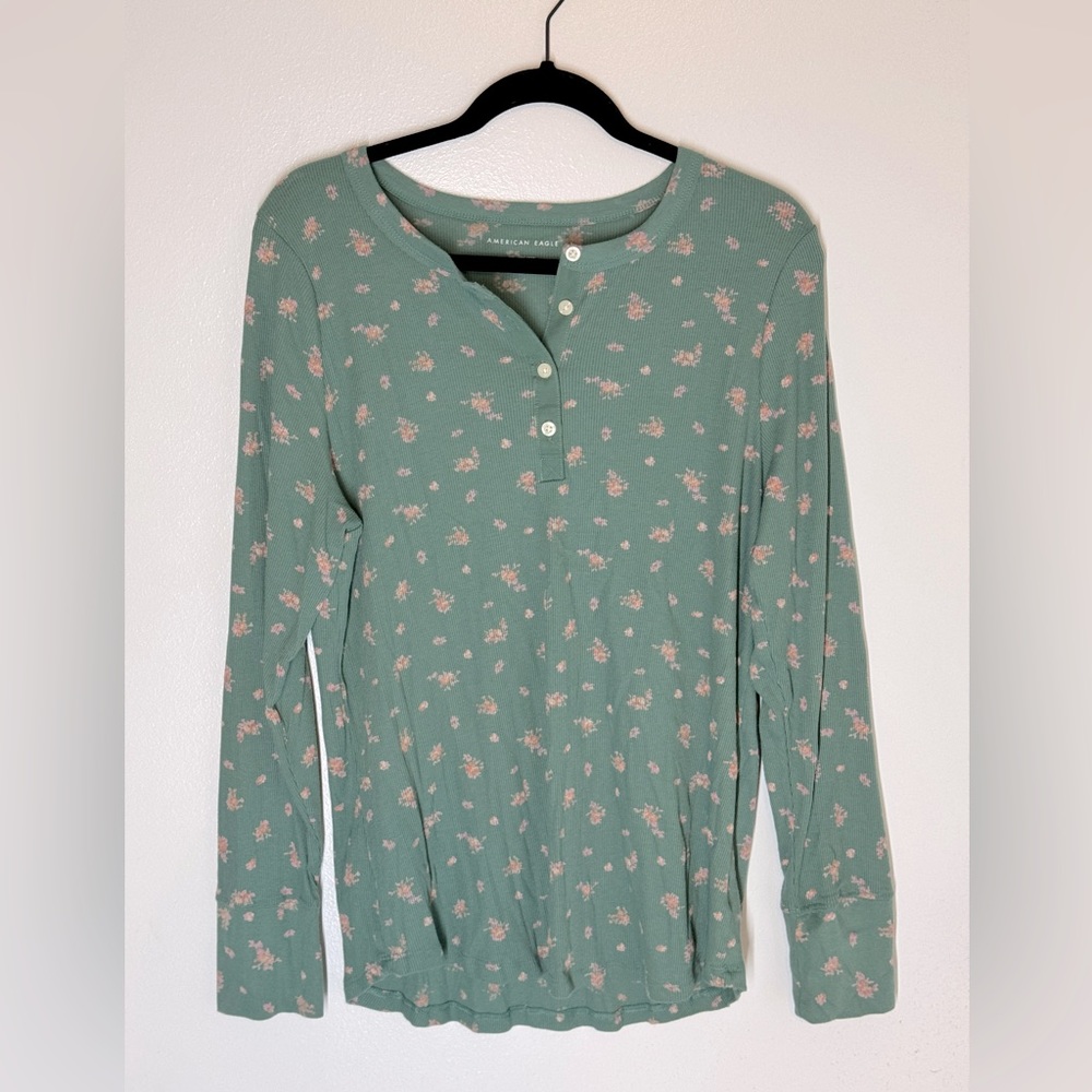 Green Floral Ribbed Henley | American Eagle